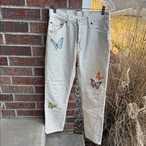 Levi’s 501 Butterfly Embroidered Ladies W27 L28 Cream Jeans